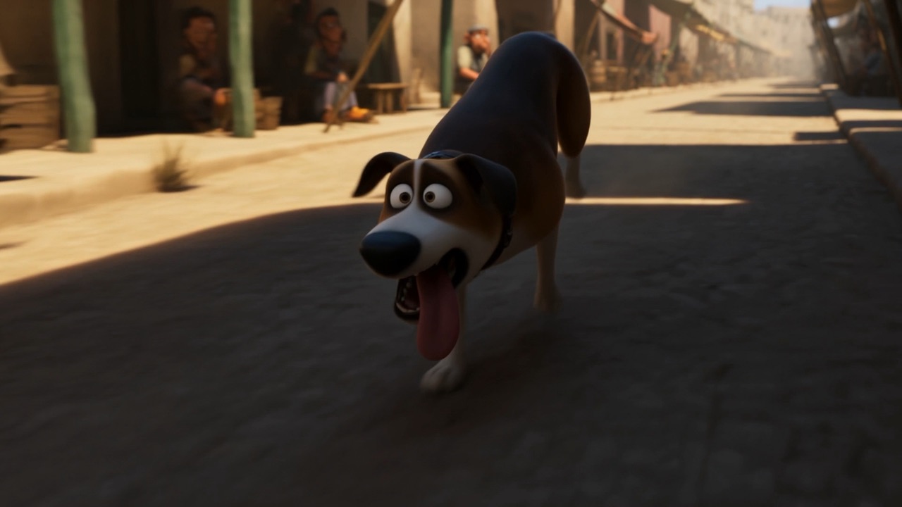A dog crosses the lane at a flat sprint, paw to shade to paw to shade