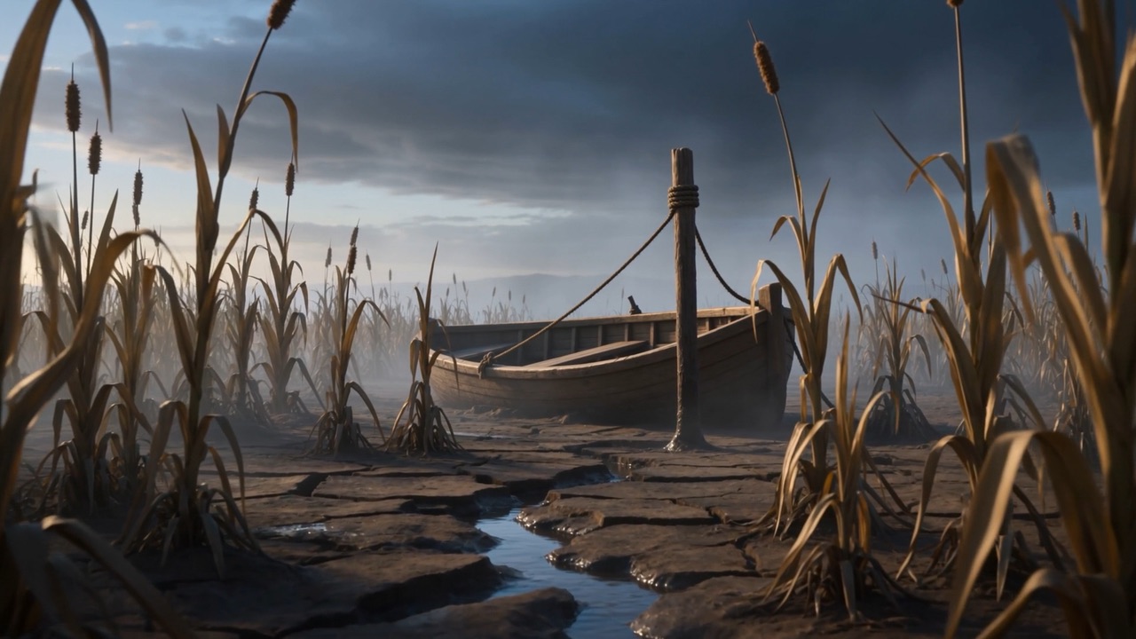 A fishing boat settles on its keel, its rope slack to a post that now moors nothing