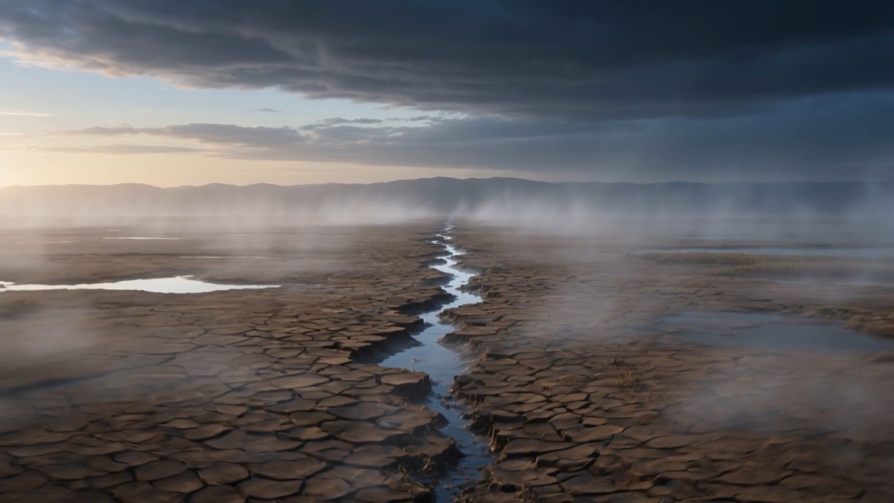 And the water goes back from both banks, leaving hexagon-cracked clay, steaming