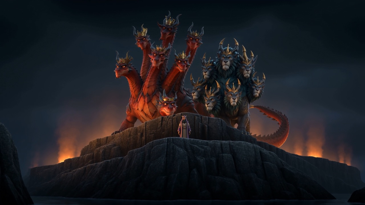 On a headland at night, the three of them together: the dragon, the beast, and the mild one between