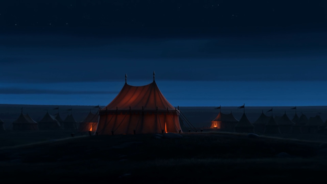 Far away, one royal tent glowing ember-red among a thousand dark ones