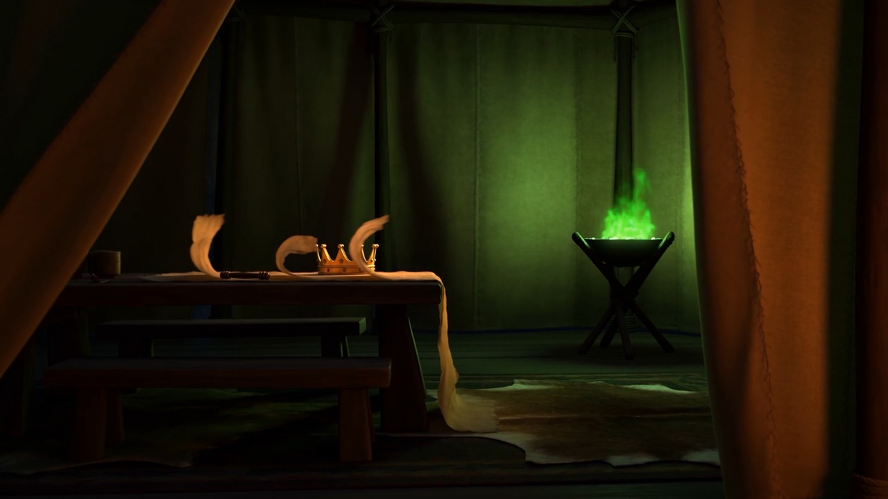 The hangings shiver. The brazier burns briefly, unmistakably the wrong colour