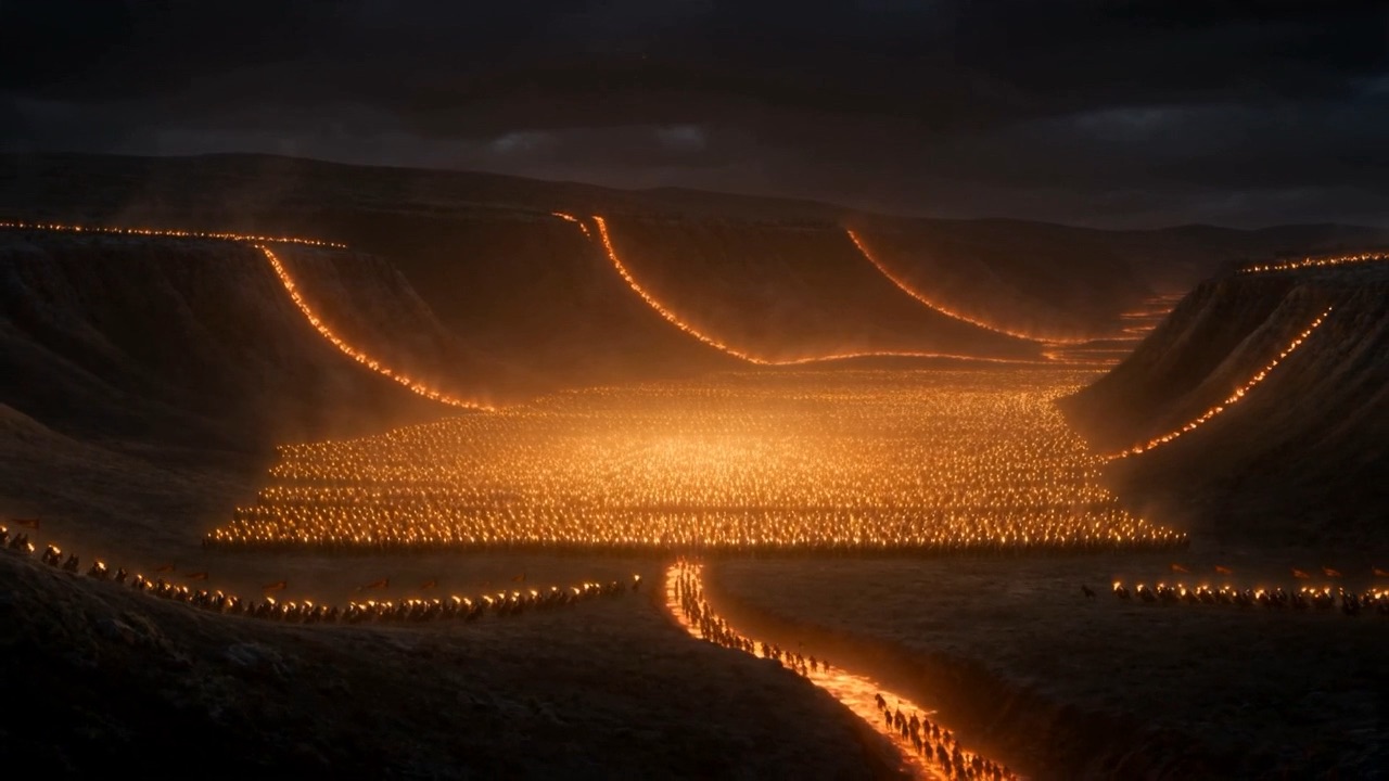 Into one valley between dark hills, pouring in over every rim at once