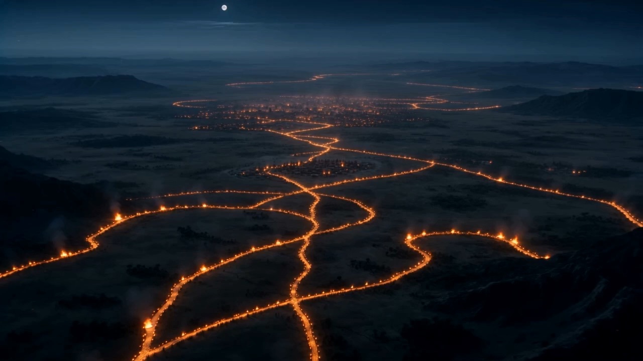 By morning the whole dark country is veined with roads made of torches