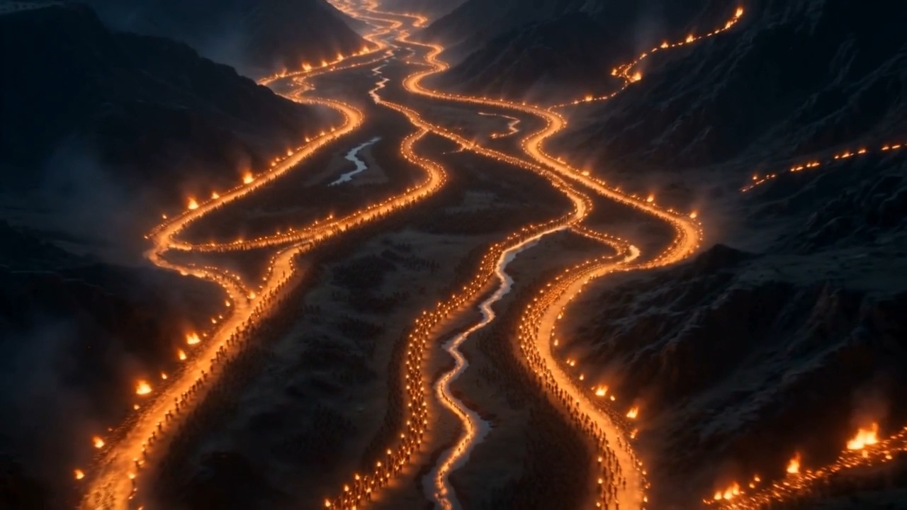 They thread the valleys, bending the same way, all of them