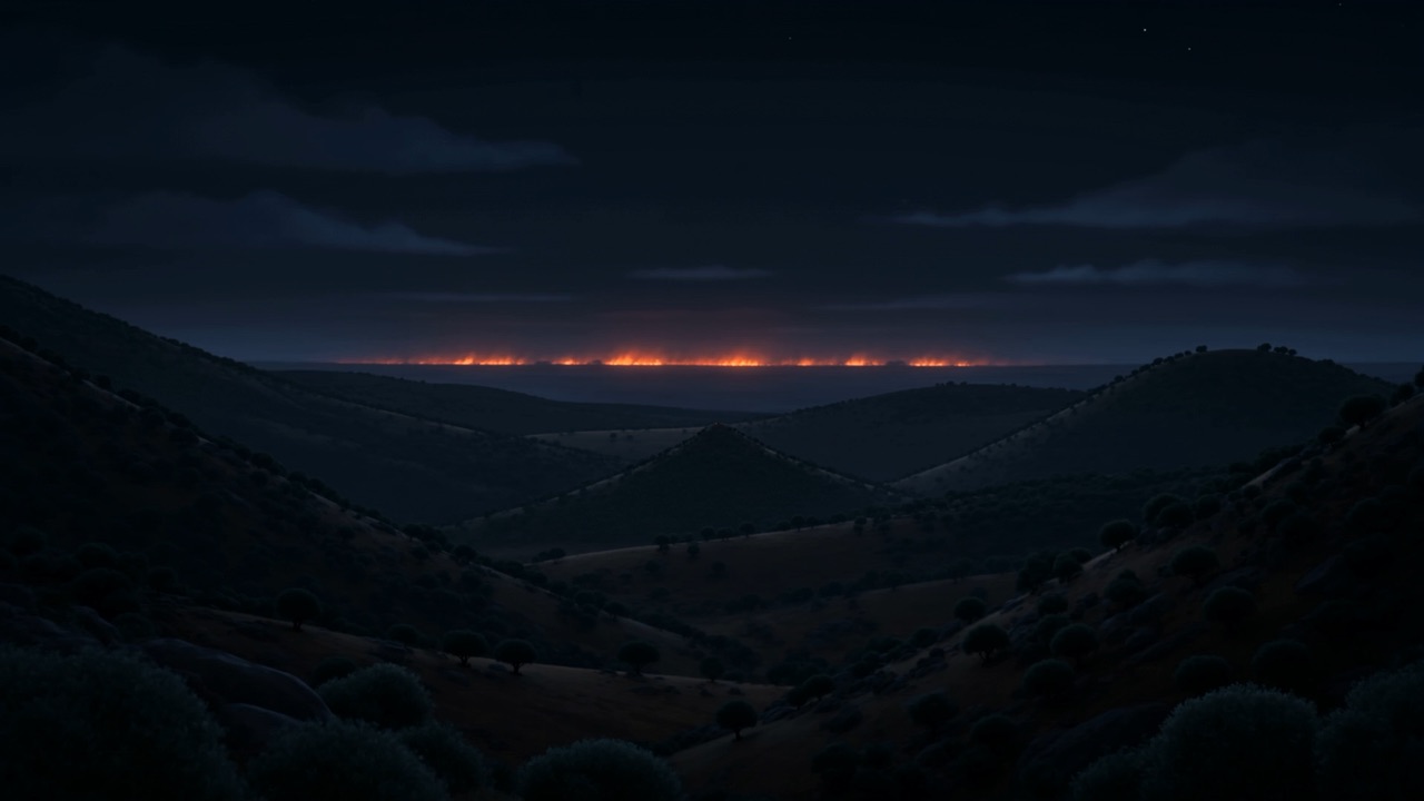 Away from all of it: dark hills, and a long line of fire along the far horizon