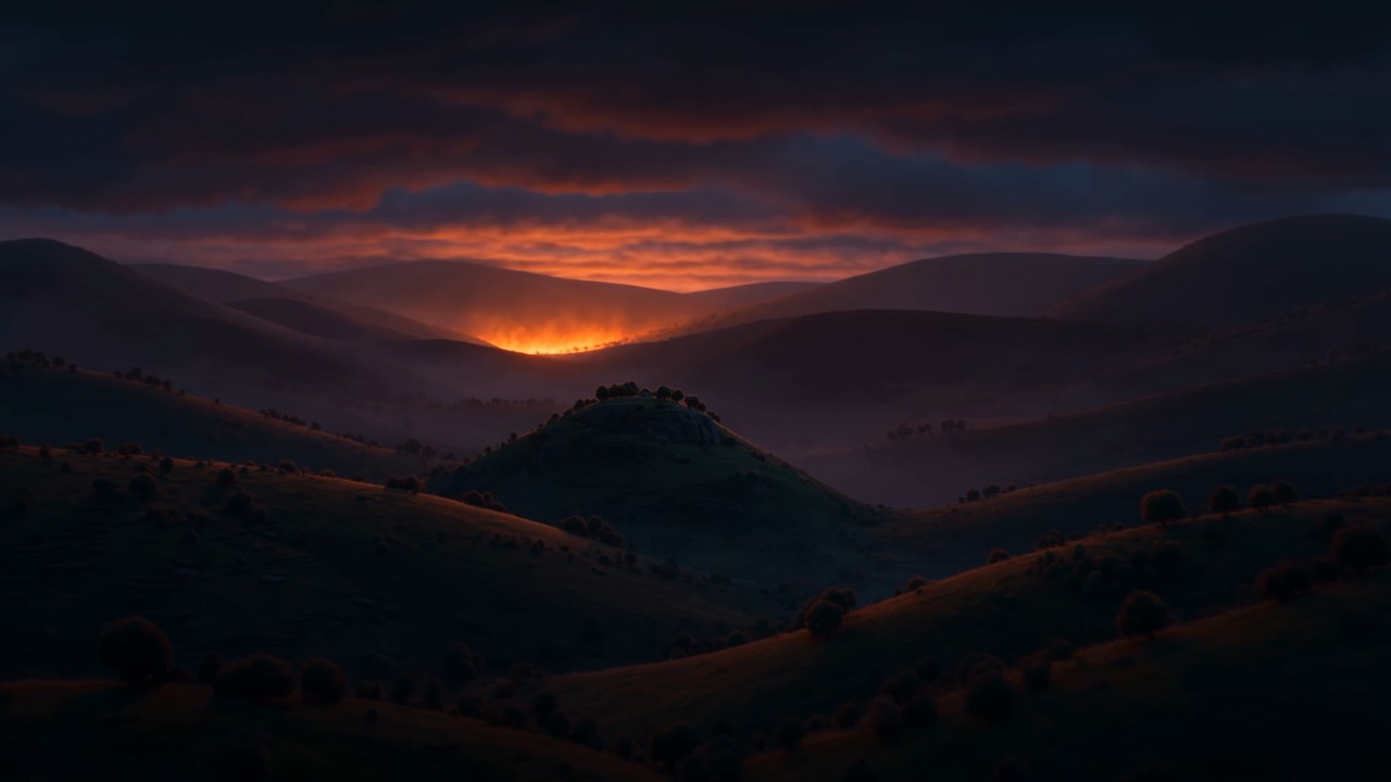 Somewhere out under that sky, a hill farm, and one window still lit