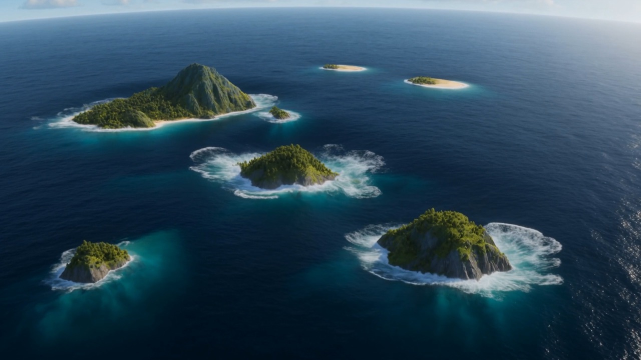 Out on the ocean, islands settle lower, and the foam closes white around every shore