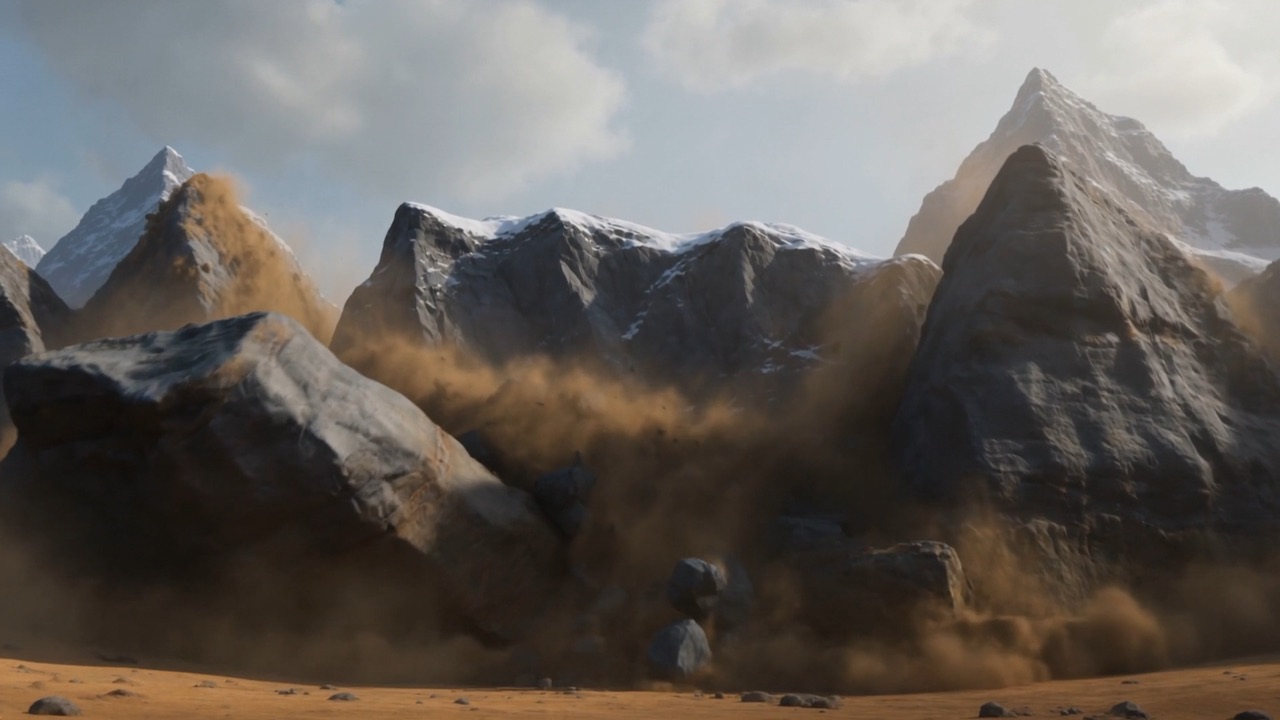 A mountain range shears away and kneels down into its own dust