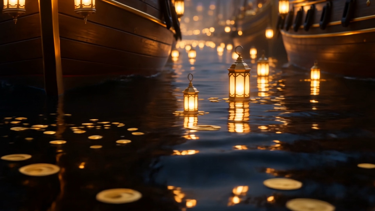Lantern-flames doubled on black water, like a harbour full of coins