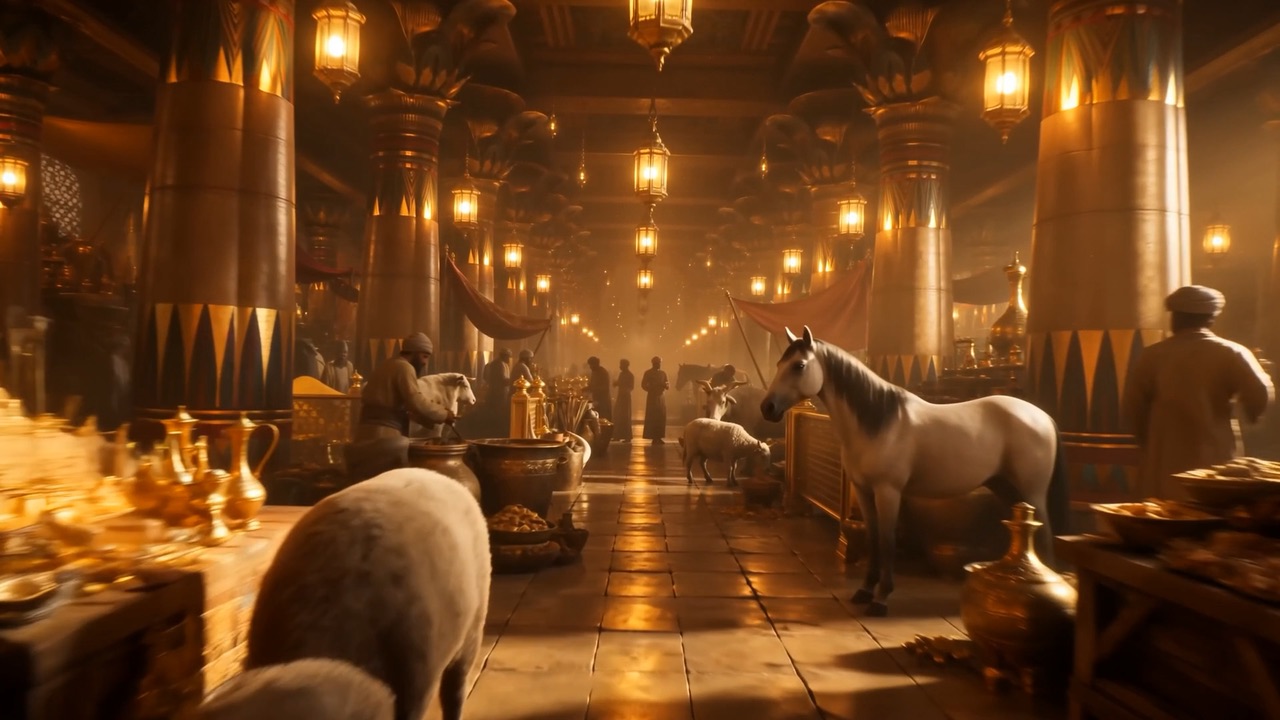 Cattle in gilded pens, horses stamping, wheat in golden hills