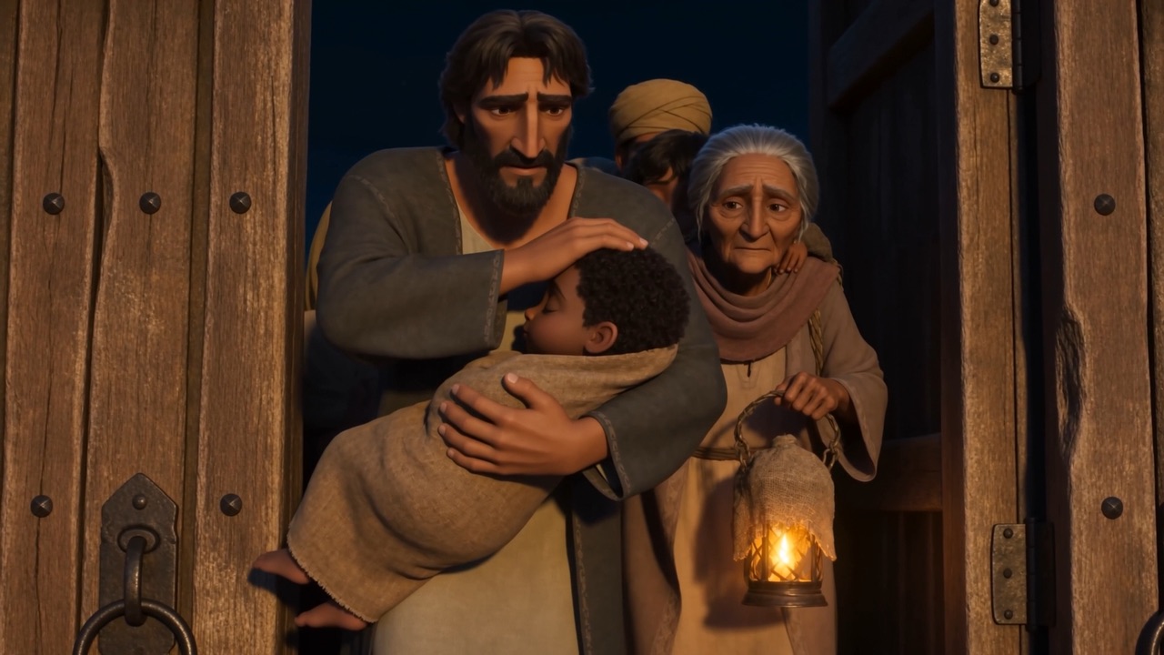 Out they come by dark: bundles, sleeping children, a lamp wrapped in cloth