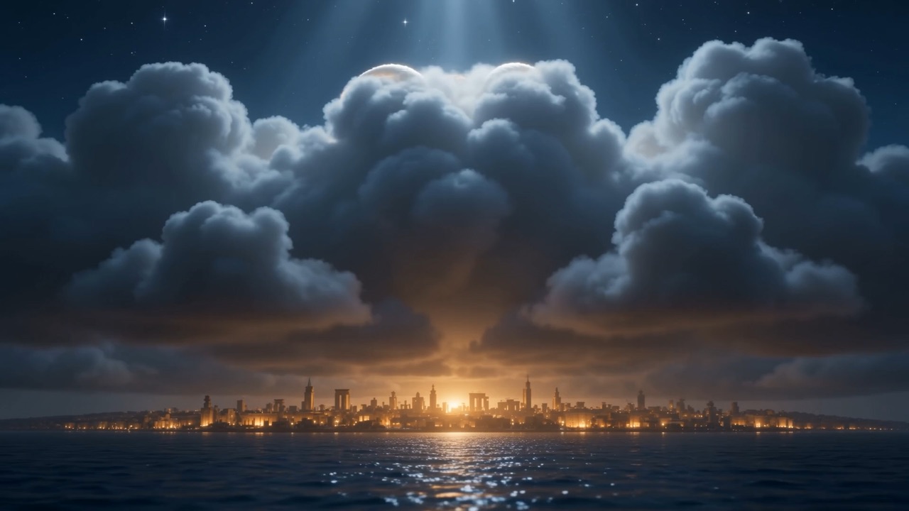 Cloud-banks over the night sea, and the city glittering far off on its shore
