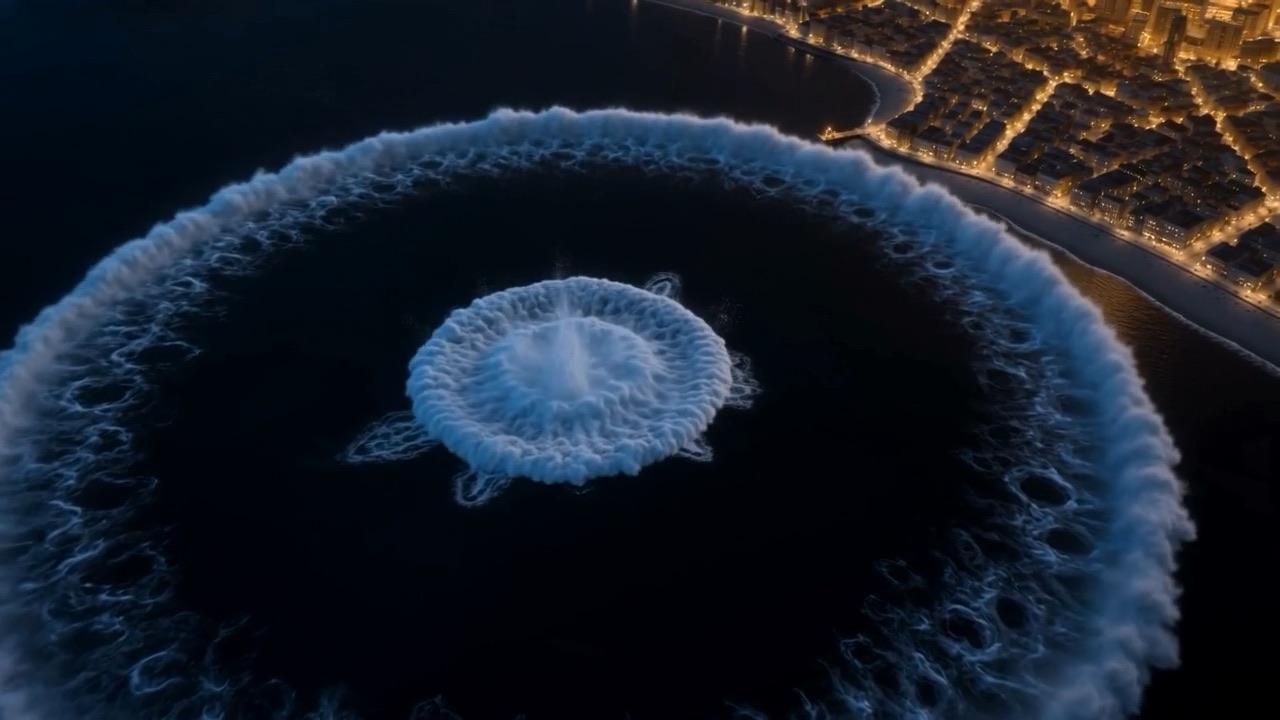 Then one ring, widening… widening… aimed exactly at the lights on the shore