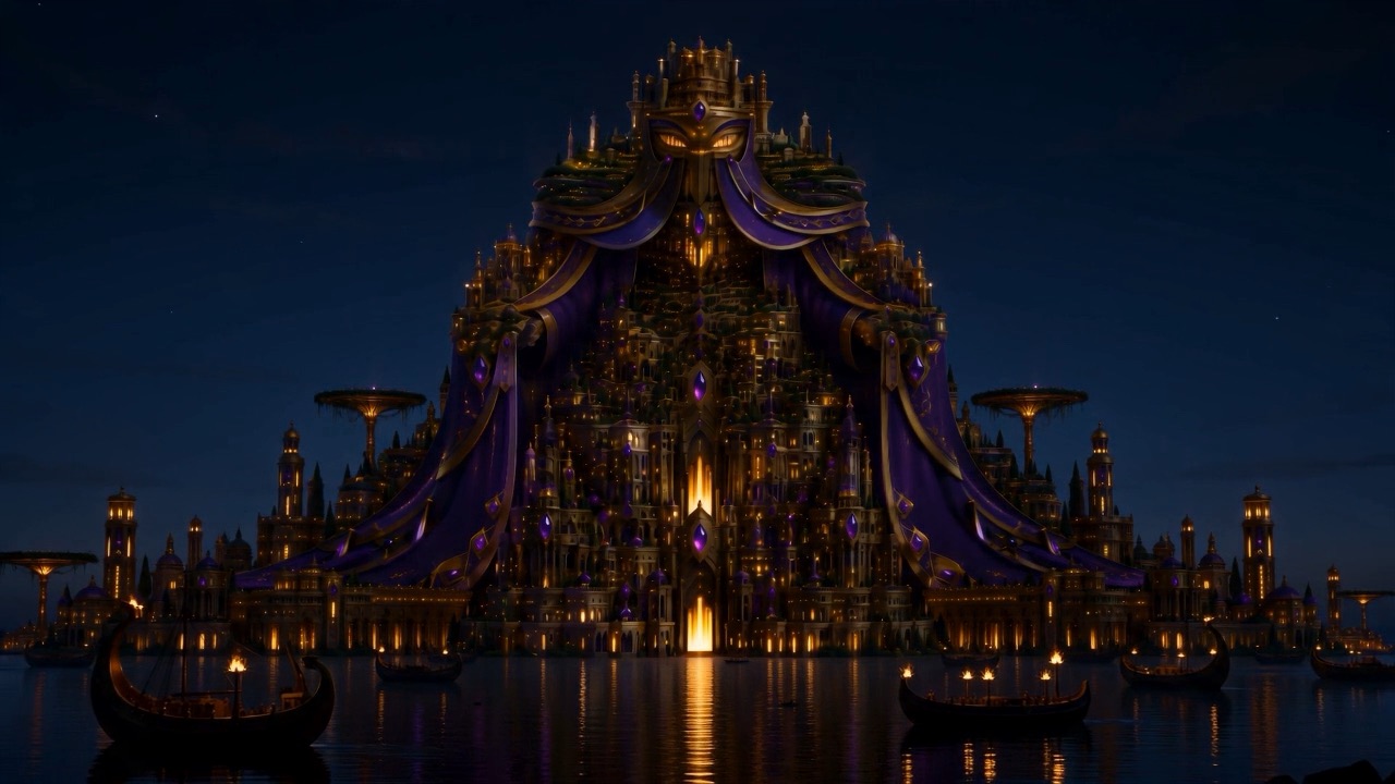 The whole golden city of Babylon blazing at night above her own reflection