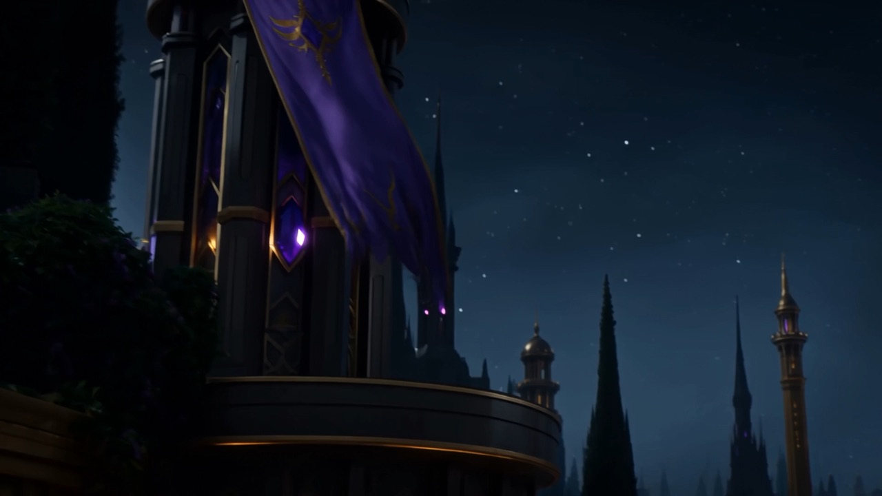 A purple banner drifts loose from a black tower and falls without a sound