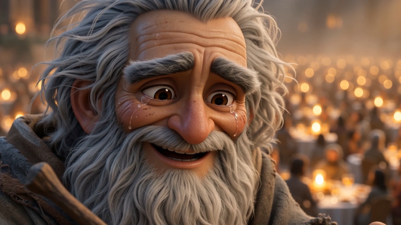 John laughing and crying at once, tears sliding into the white beard