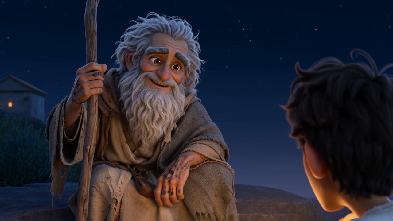 The old man laughs, low and sure, with feast-light still in his eyes