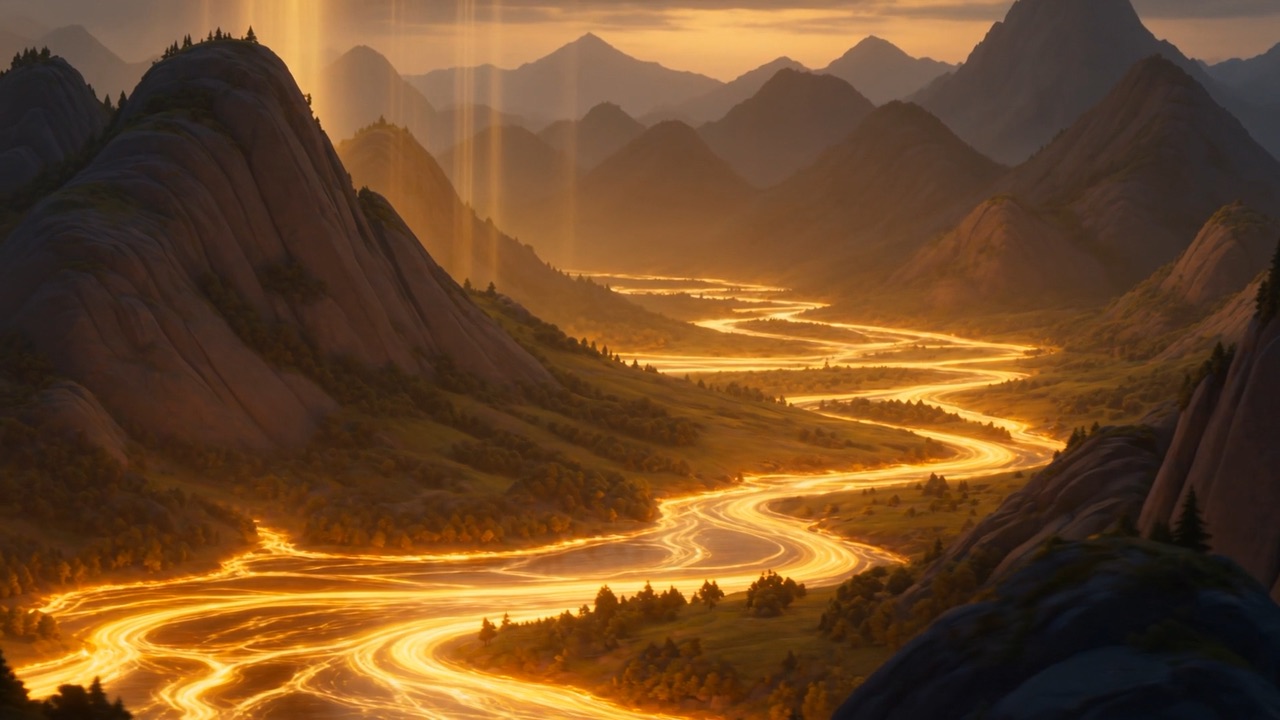Gold flooding down the air, rivers catching fire with dawn
