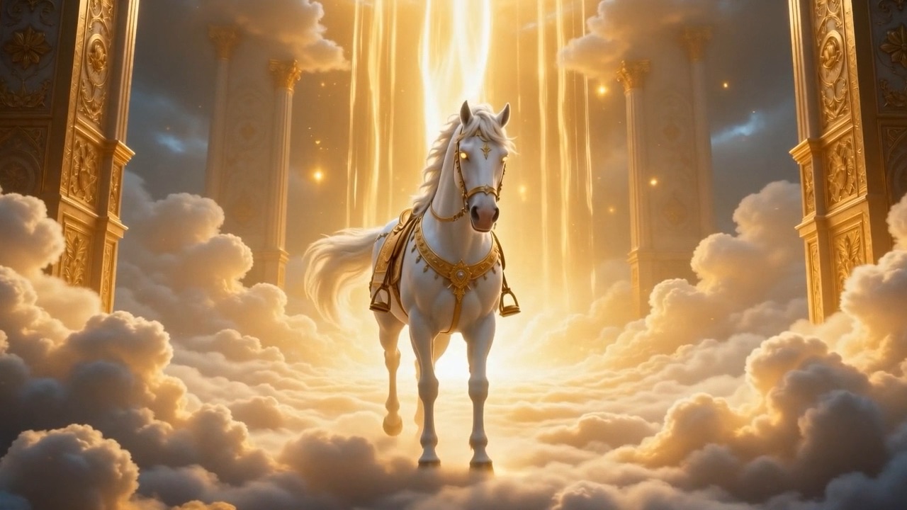 A horse. White past white, standing alone in the gate of heaven