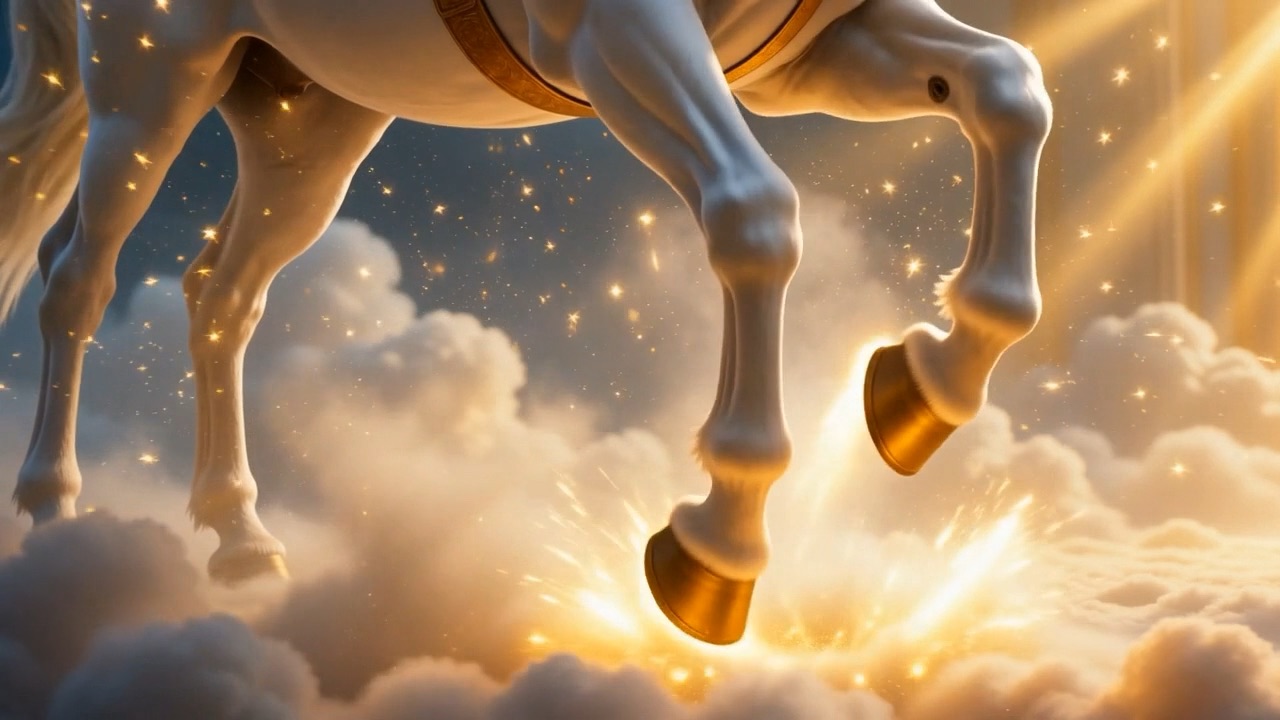 One forehoof comes down on the cloud, and dawn-coloured sparks fly