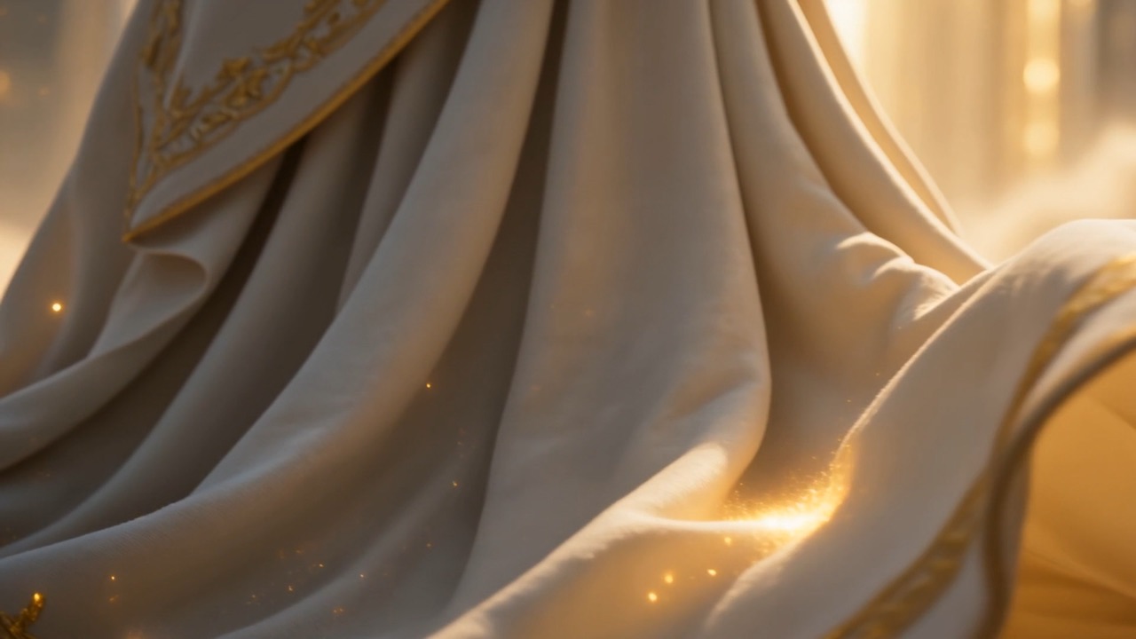 Deep-woven, gold at the hem, moving before he does