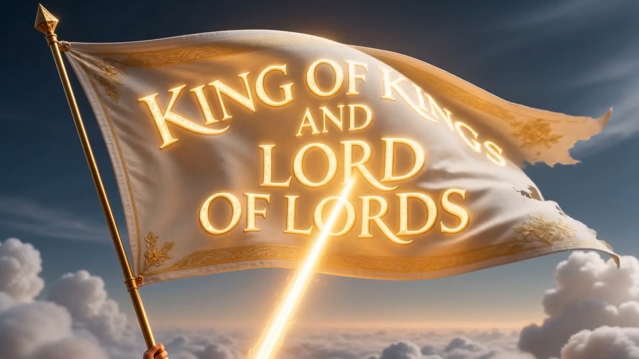Above him a banner, streaming from its lance: KING OF KINGS AND LORD OF LORDS