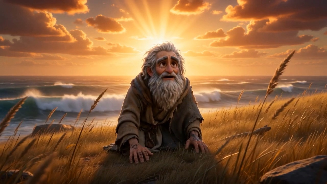 On the headland, an old man staring up at the crossing sky