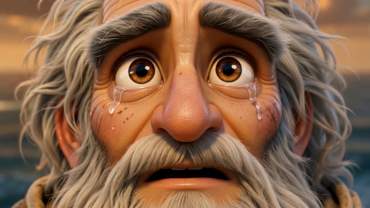 Tears without weeping. The face of a man watching a promise arrive