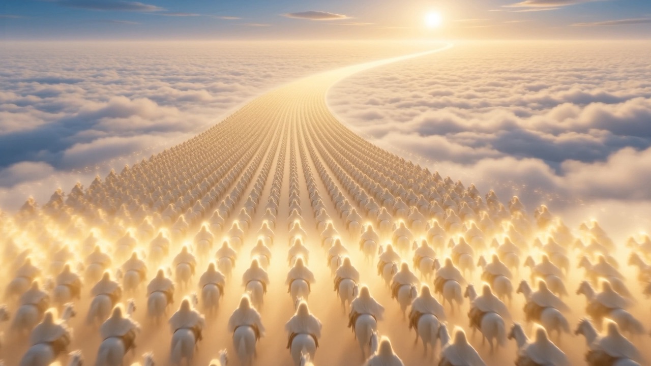 Flowing down the sky after their King in wide glad ranks