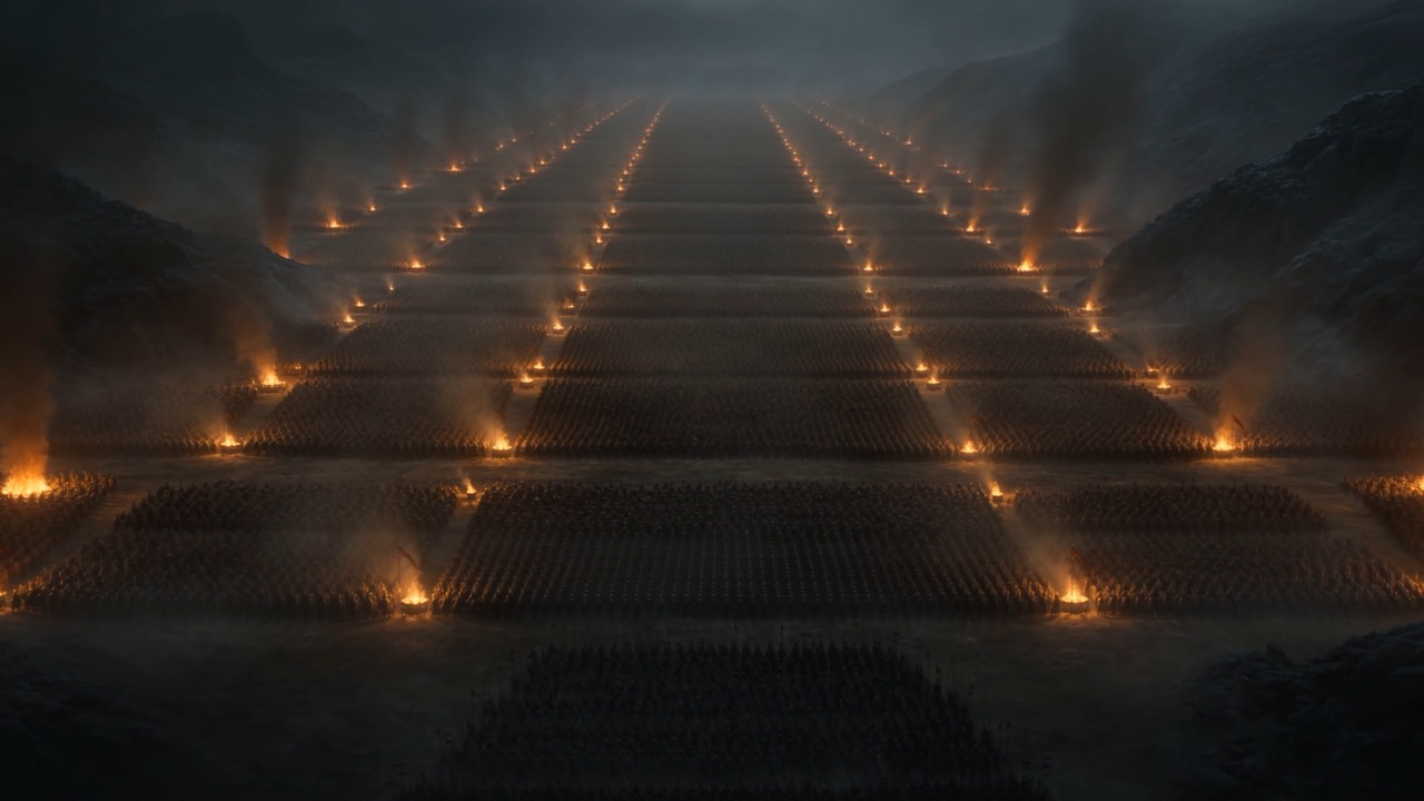Torch-fire settled into grids, formations like dark fields ploughed in rows