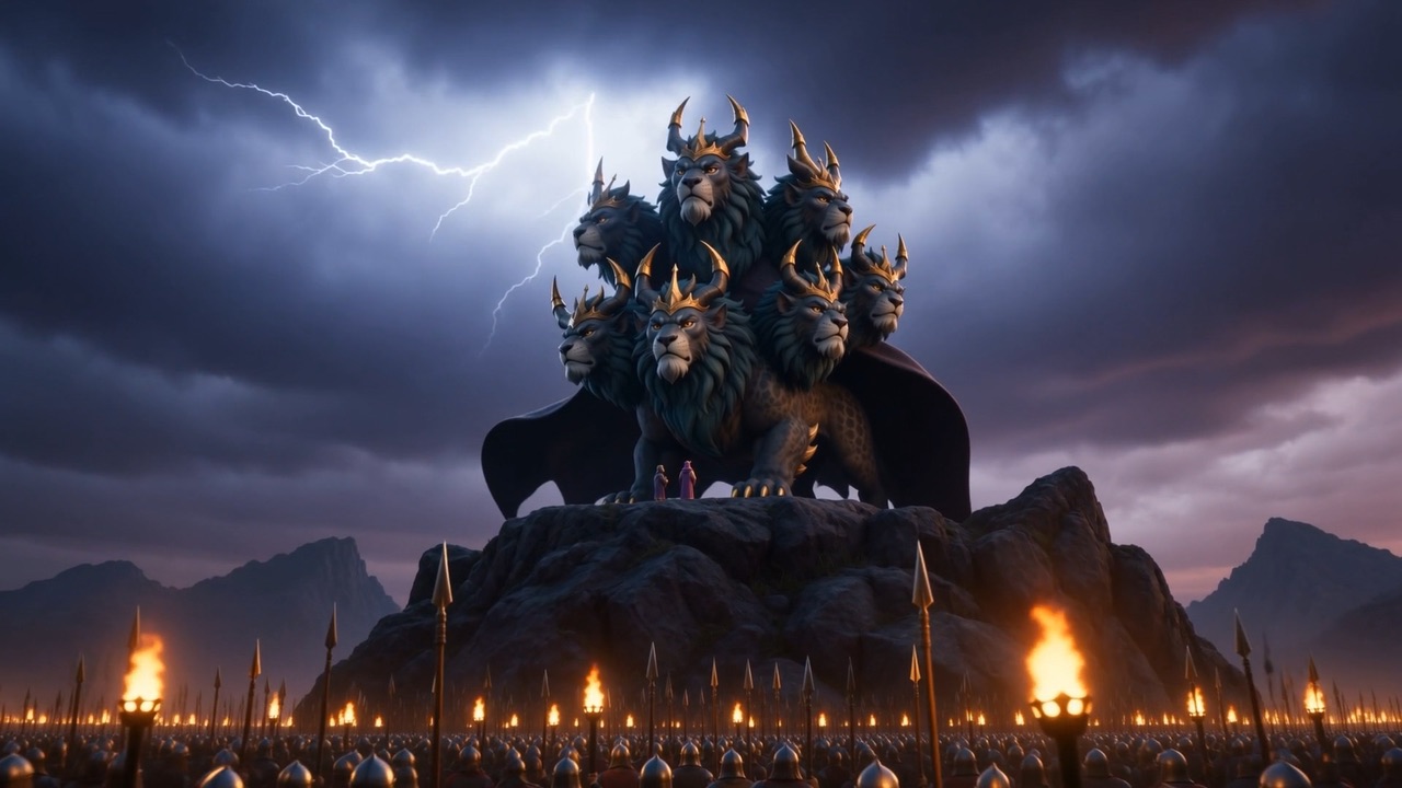 At the head of it, on a rise of black rock: the beast