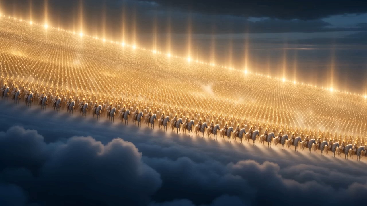 The armies of heaven come to a halt along the slope of the air