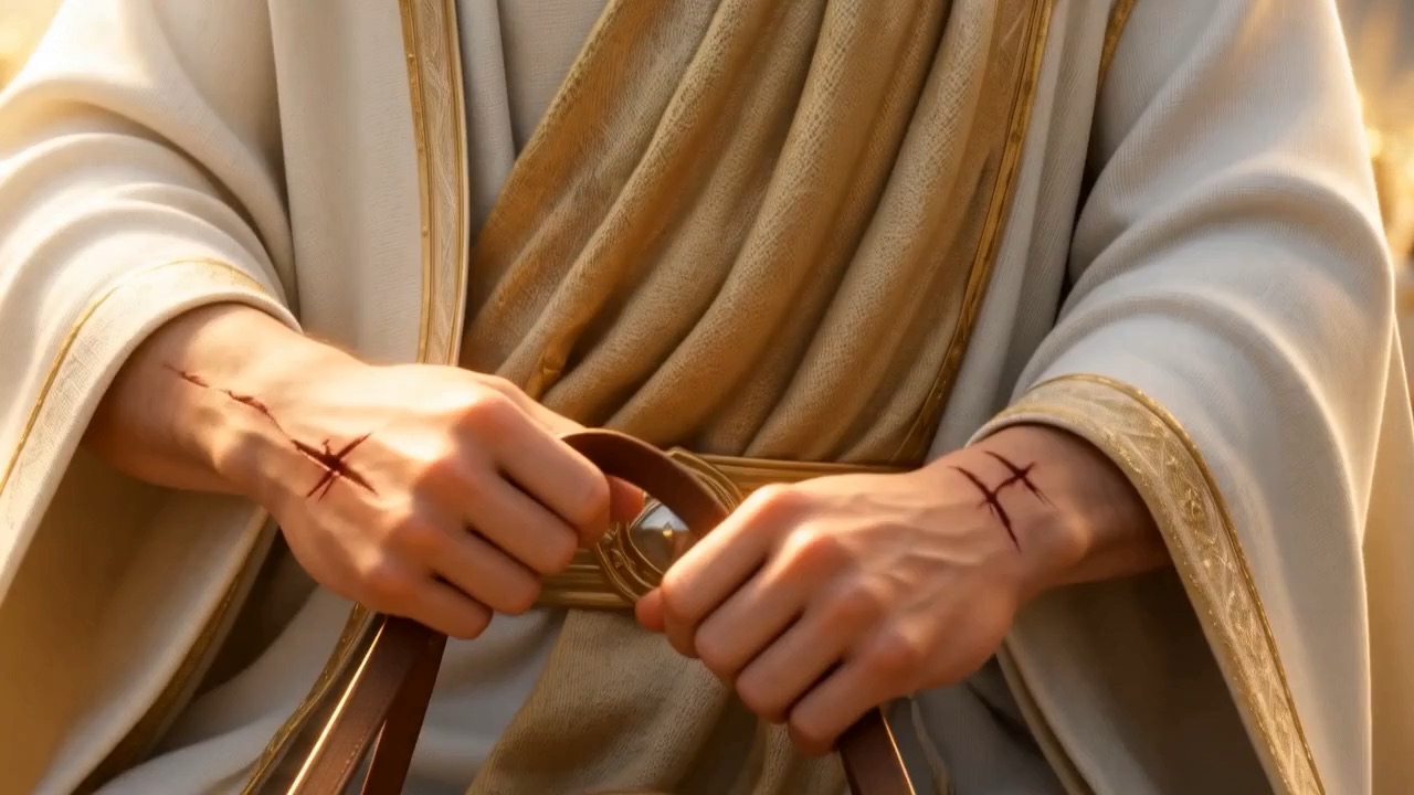 He does not draw a sword. There isn't one. His hands rest easy on the reins