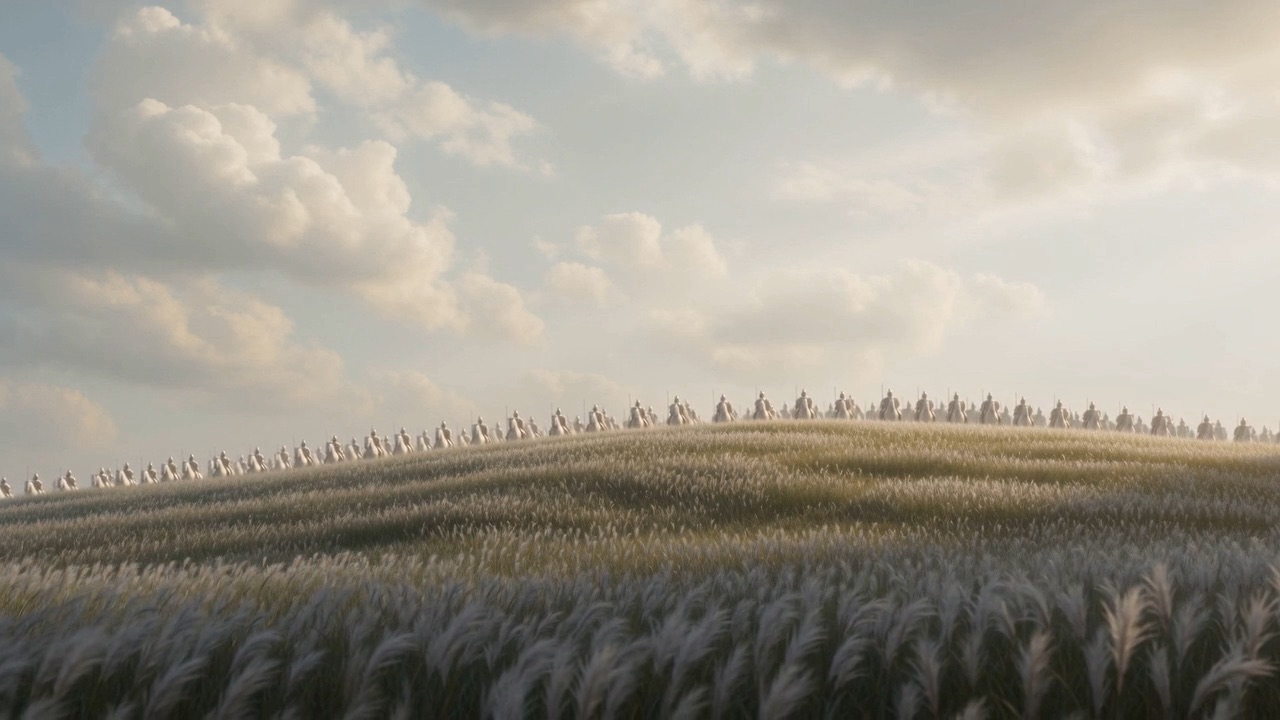 Far up the slope, the white riders come down — arriving not at a battlefield, at a meadow