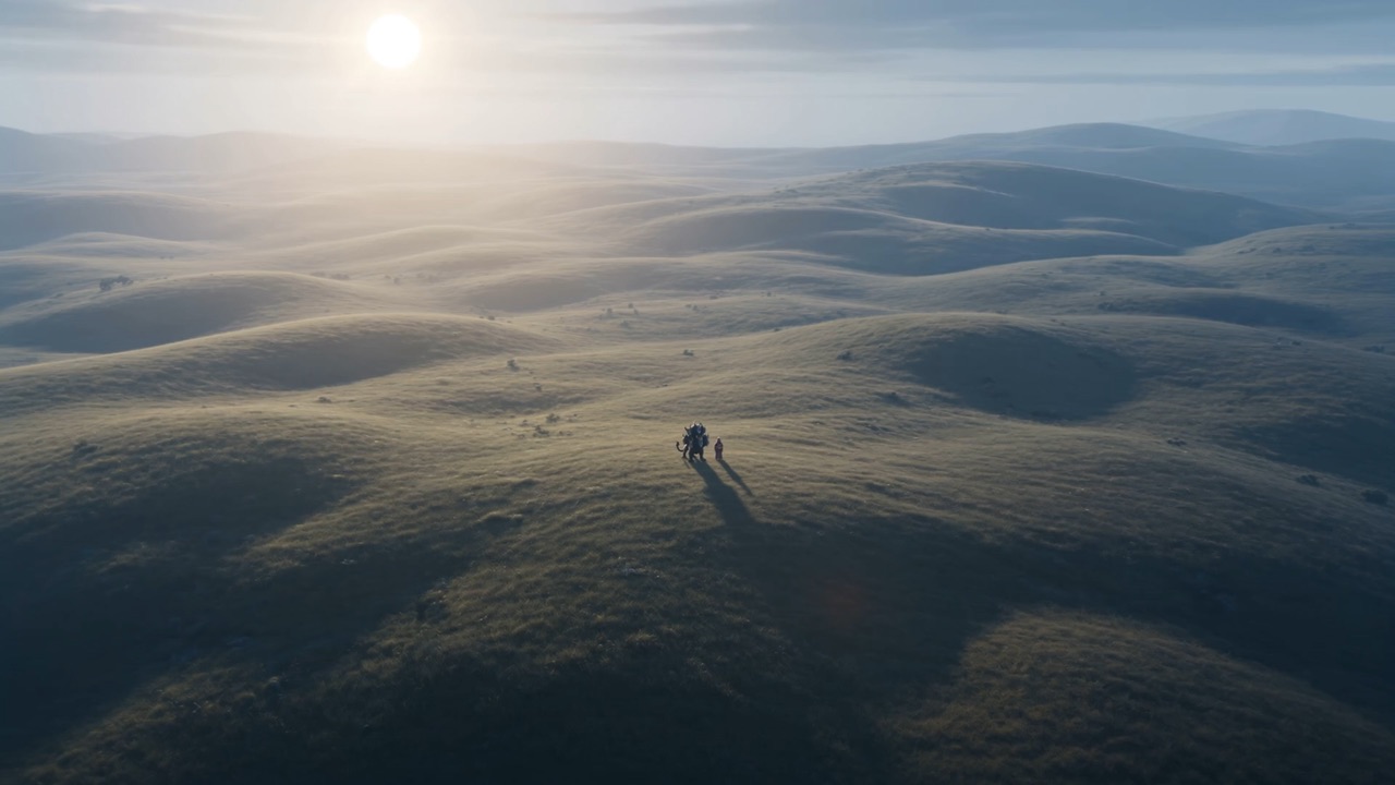 Two shapes are still upright in all those sunlit acres. Their army is lawn