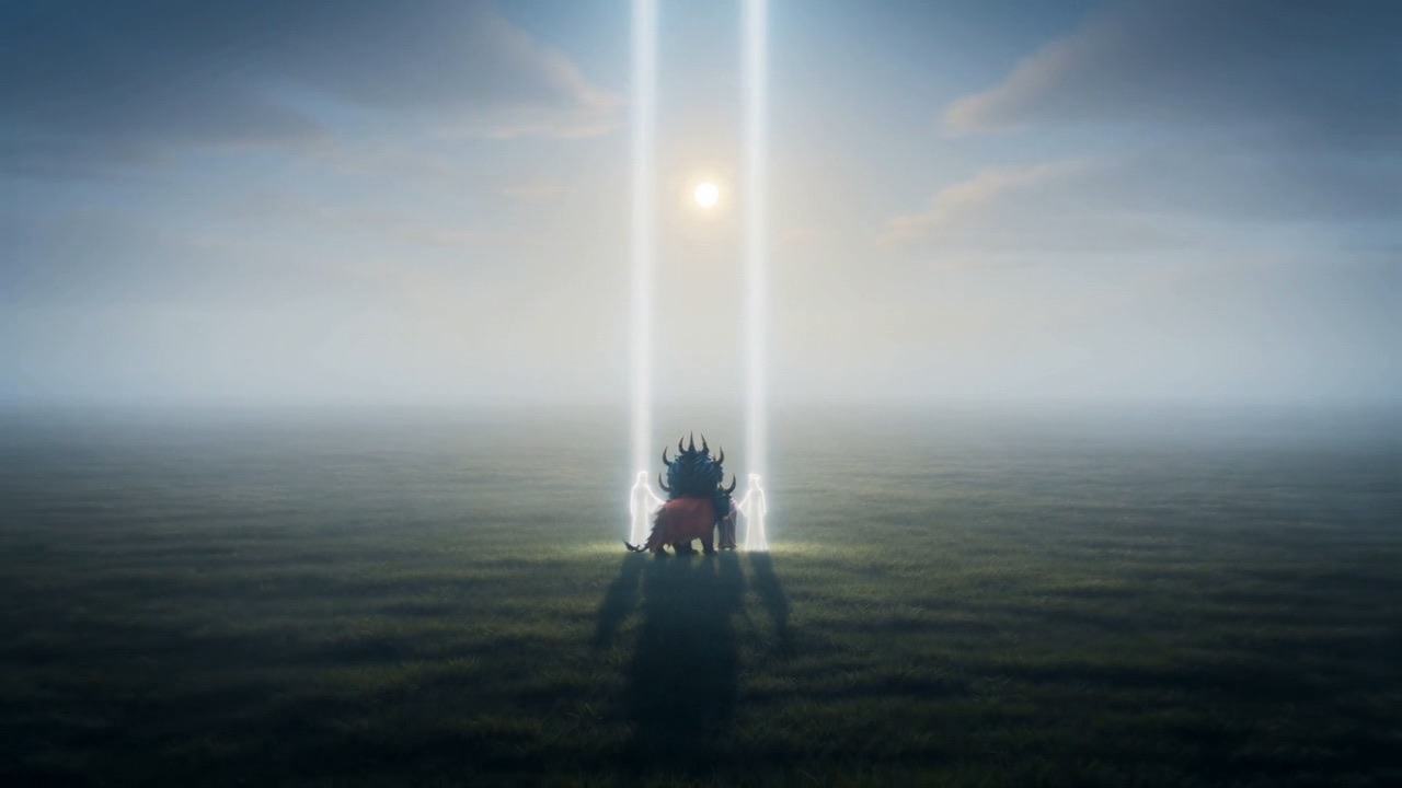 Two columns of plain bright light come down for them