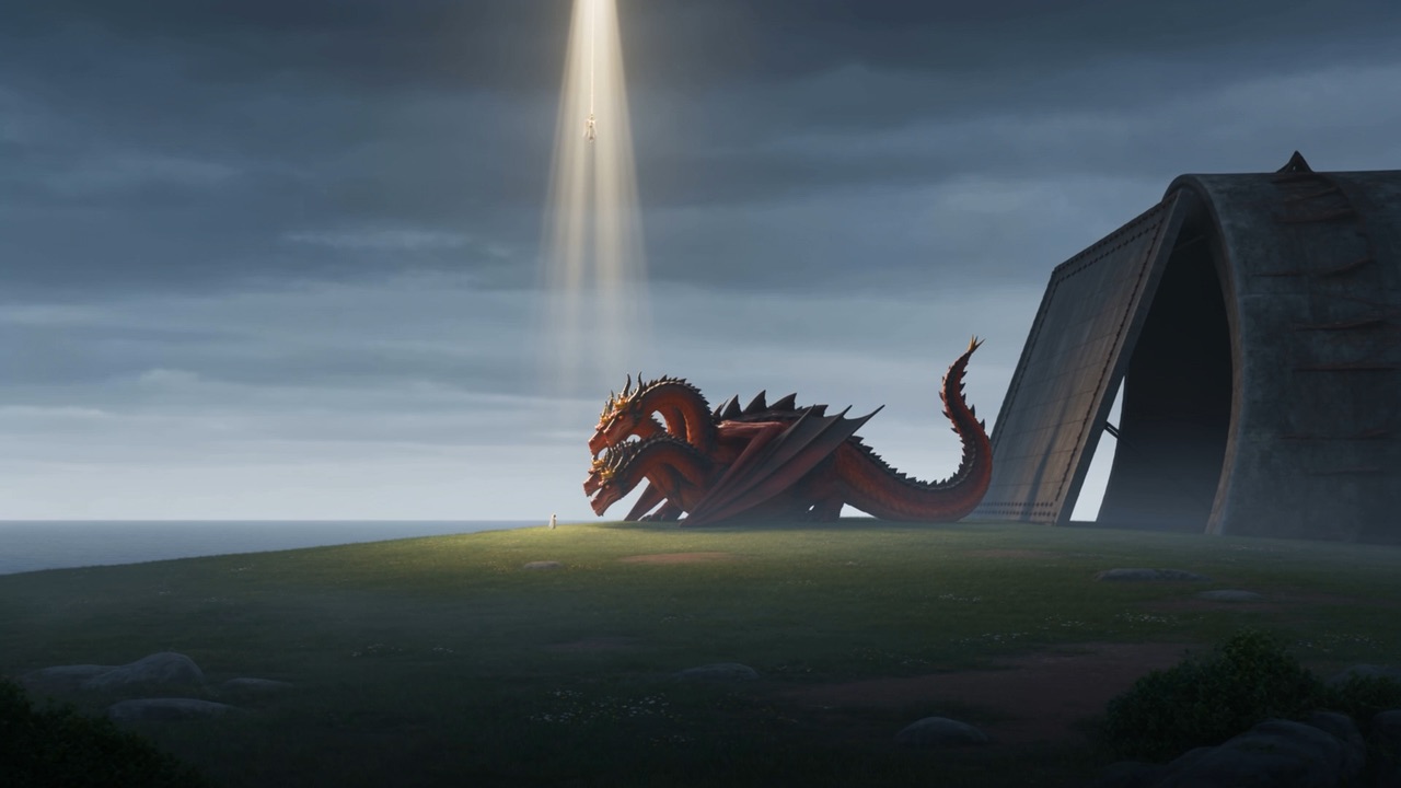 The dragon on the bright grass, and one small figure coming down the light