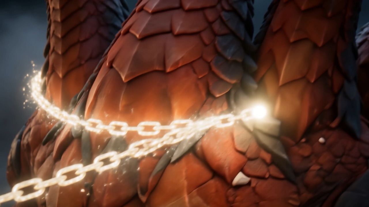 The chain settles: links of forged starlight, flaring soft as they draw close