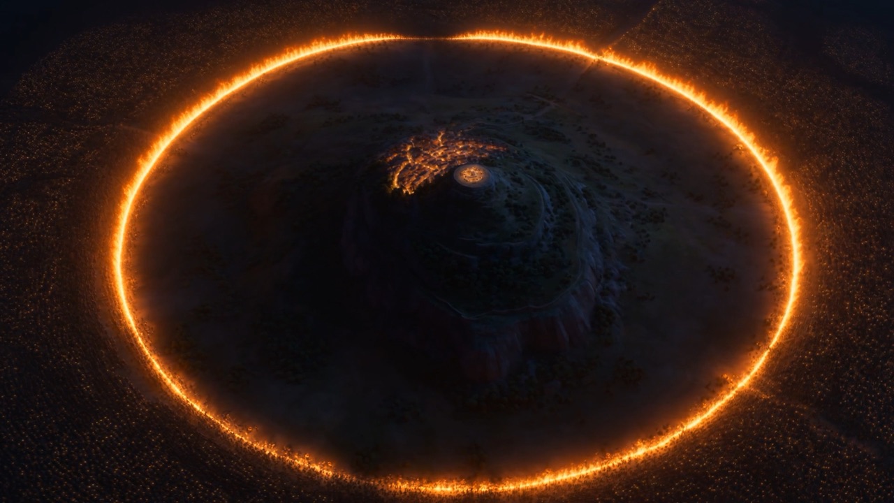 A lamplit city on a broad hill, at peace — and a ring of torches assembling itself out of the dark