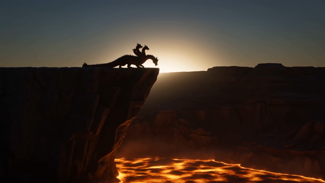 The cliff at the world's rim, and a long dark shape going over it