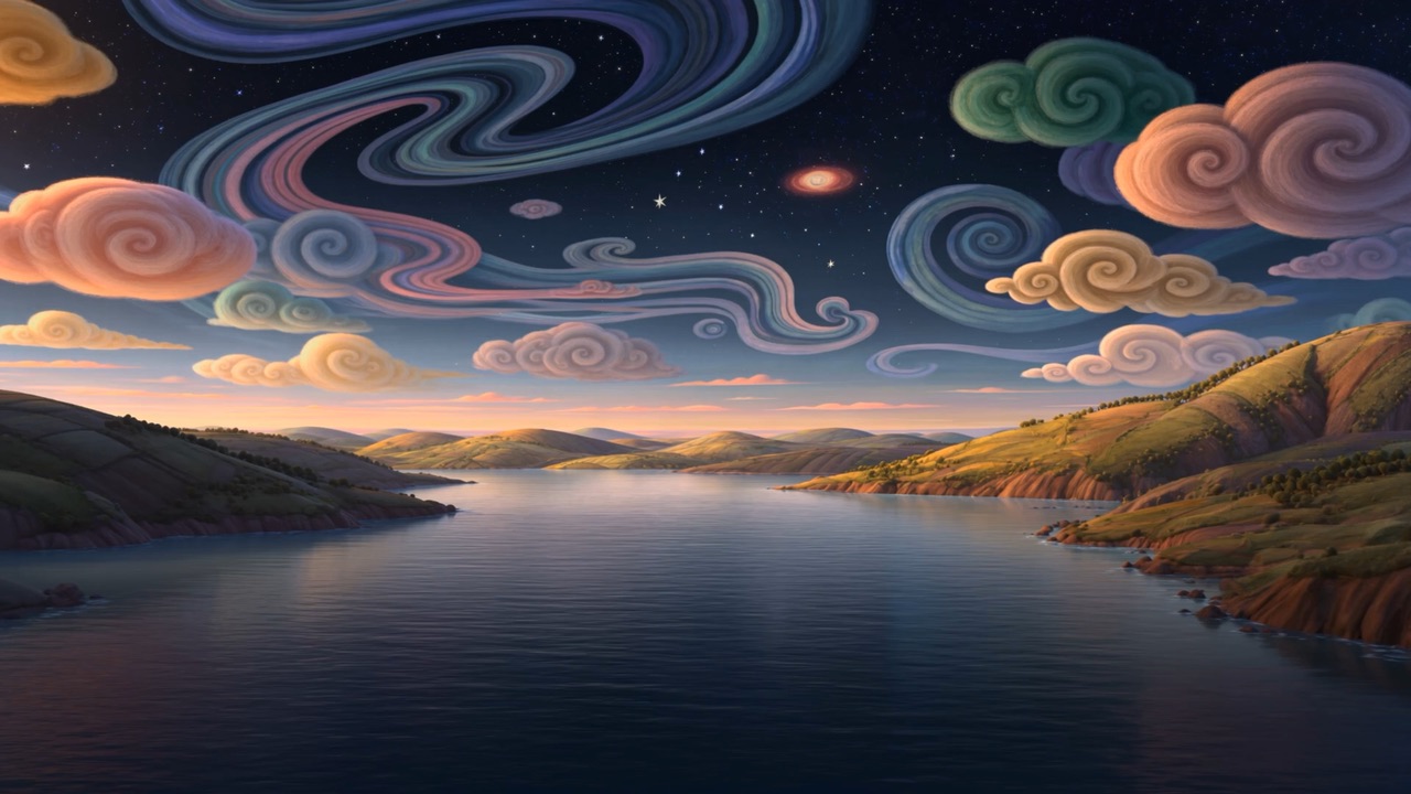 The hills lie quiet under their painted sky, looking as permanent as hills always look