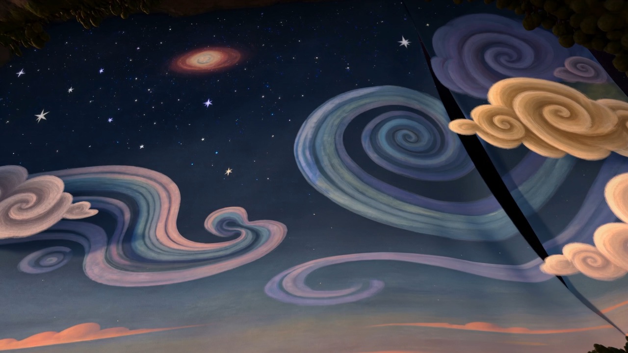 And the sky lifts at one corner — cloud, star and all