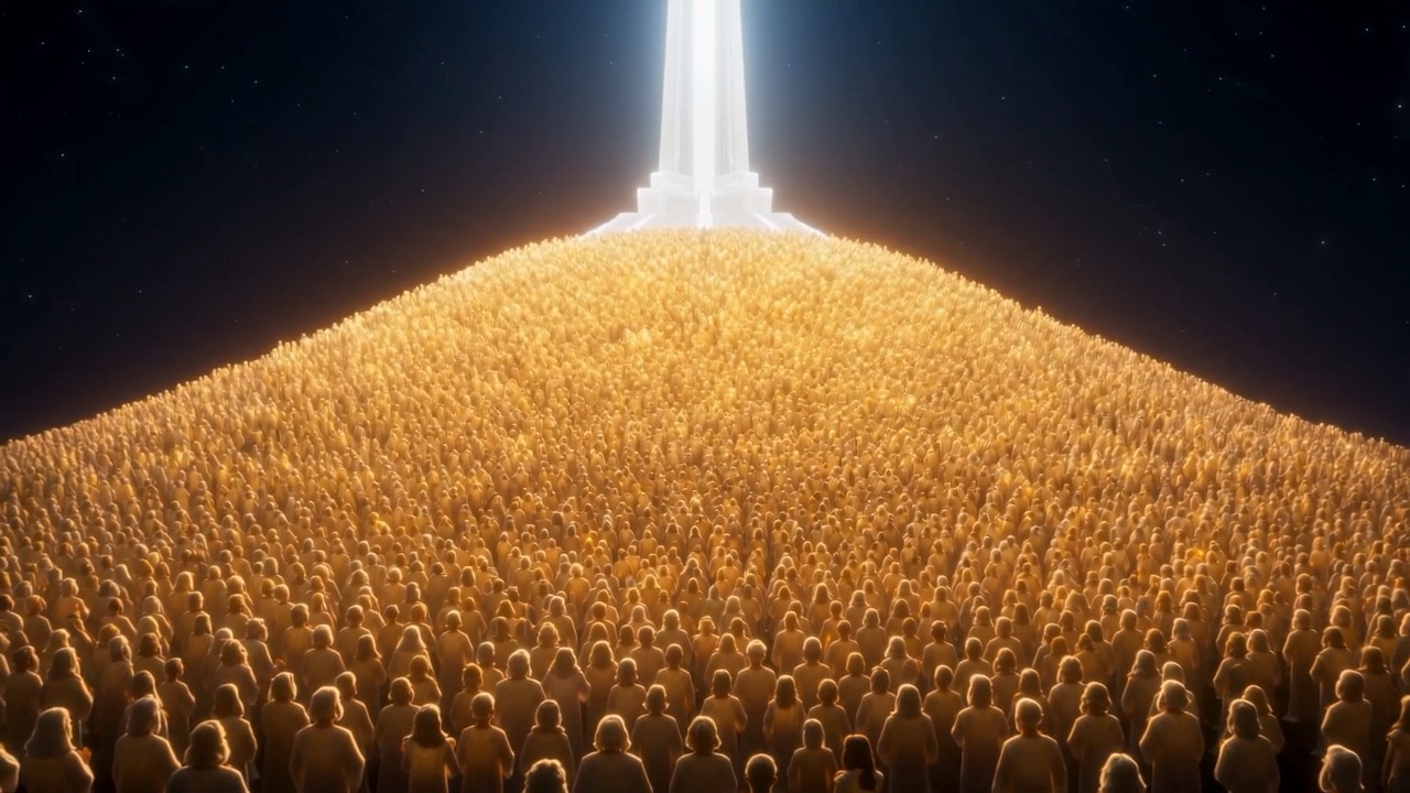 The dark giving up its people, light by light by light, all the way to the horizon