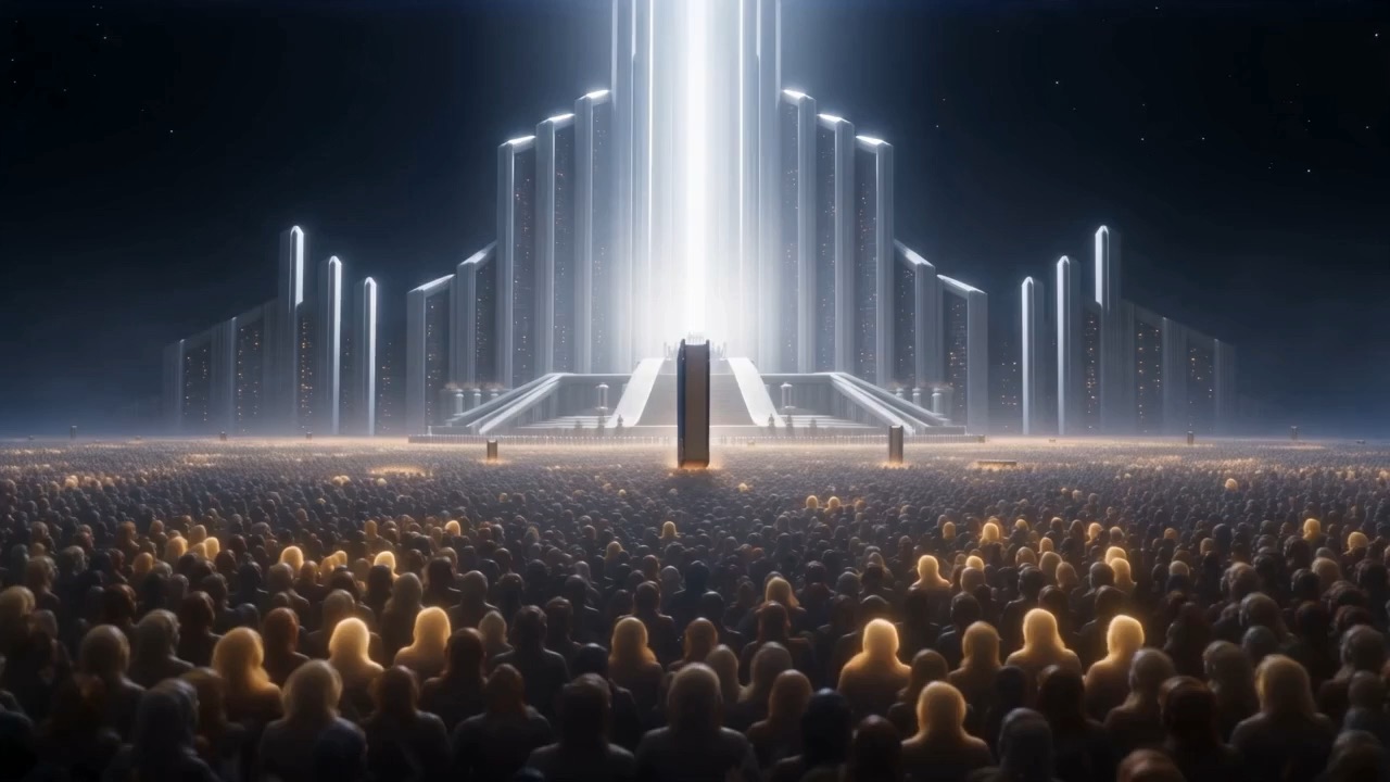 The gathered world, standing, and a stair of light waiting at the far end of it