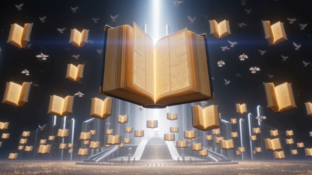 Then the books open — each one the size of a house, unfolding in the air like slow doves