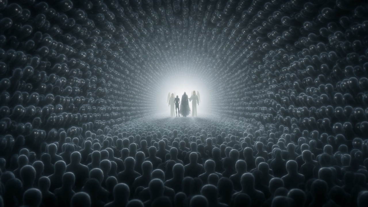 The gathered lights part, and a long aisle opens to a clearing of white