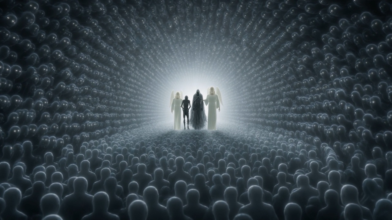 An angel of light on either side. Escorted, not dragged — there is nothing left to drag