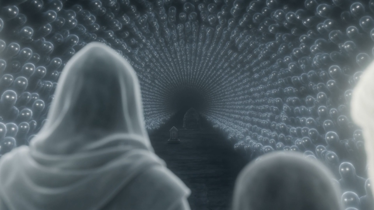 Down it, last of all, two grey shapes are brought forward