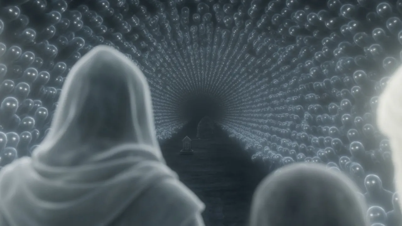 Down it, last of all, two gray shapes are brought forward